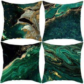 LOHDALOLF Emerald Green Gold Cushion Covers 45x45 cm Set of 4 Green and Gold Marble Cushion Cases Luxury Abstract Decorative Pillow Covers for Couch Sofa Living Room