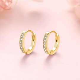 PRETTERY Silver Hoop Earrings for Women, 13mm Sterling Silver Hoop Earrings with Cubic Zirconia, Yellow Gold Plated Small Sleeper Hoops Earrings