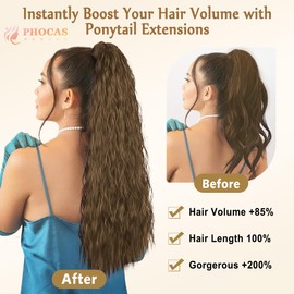 PHOCAS Brown Ponytail Extension,Fluffy Drawstring Ponytail Hair Extensions Wavy Hair Extension Synthetic Hairpiece for Daily Use 24inch（Light Brown)