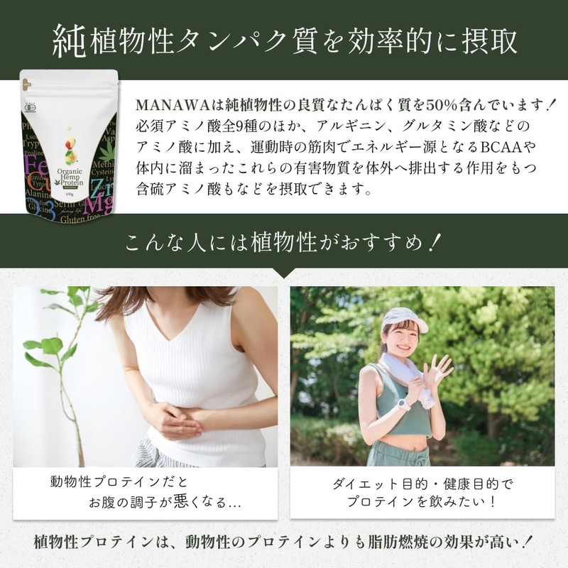 オーガニック ヘンププロテイン マナワ MANAWA 450g 無添加 有機JAS認証取得 粉末タイプ 非加熱 ミネラル