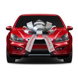 Graduation Car Bow – Congratulations Graduate 2025" – 30" Large Gift Bow for Cars, Gifts & Decorations – Includes Magnet & Car-Safe Sticker – Made in The USA (Silver Bow Red Font)