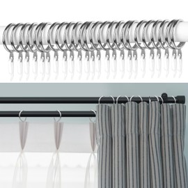 Curtain Rings, 24pcs Metal Curtain Ring with 24pcs Hooks, Drape Sliding Hanging for Pole Rod, 30 mm Internal Diameter (SILVER)