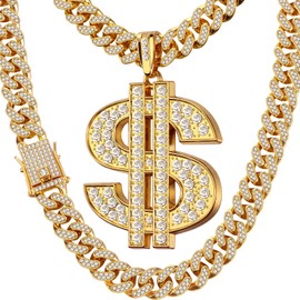 Hillban Gold Chain for Men with Dollar Sign Pendant Necklace Diamond Link Dollar Sign Necklaces for 80s 90s Men Hip Hop Rapper Jewelry Gift (12 mm, 24 Inch)