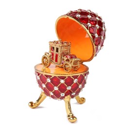 QIFU Vintage Red Imperial Faberge Egg Style Ornament with Mini Royal Carriage, Unique Gift for Easter