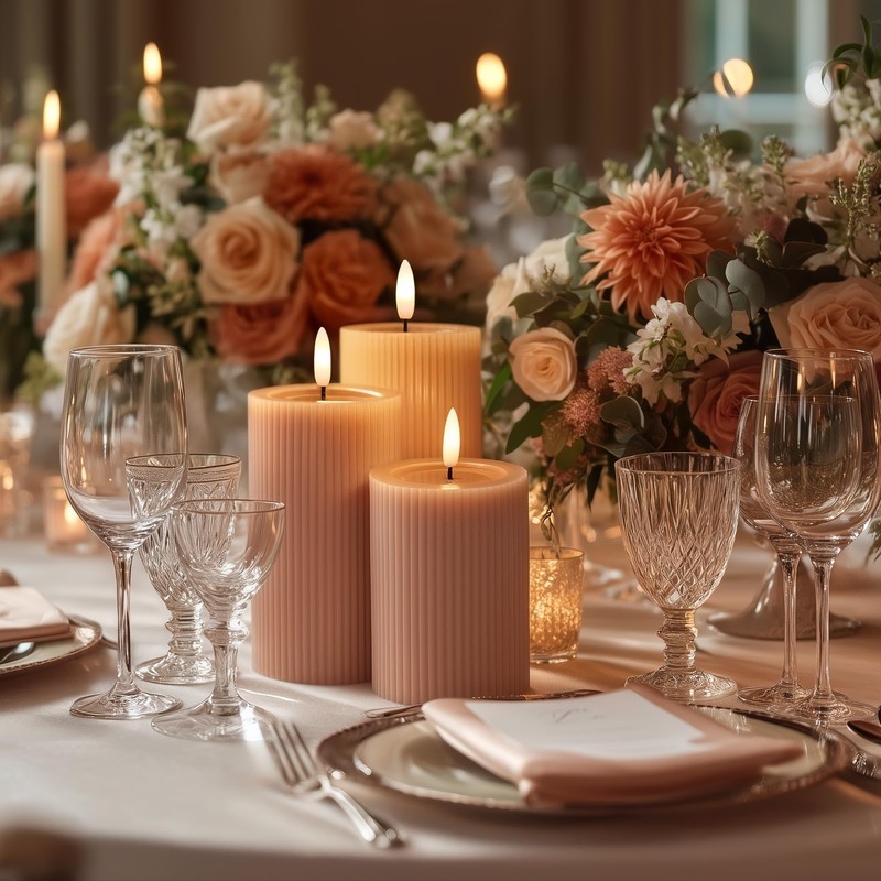 West Ivory Fluted Ribbed LED Pillar Candles, Blush Beige, with