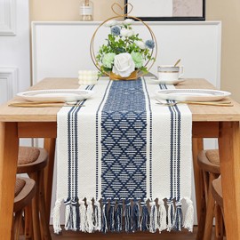 Yaspetala Rustic Table Runner with Tassels, Blue and White Bicolor Woven, Washable, 14"x120", Perfect for Entryway, Dining Room, Kitchen, Weddings, Holidays, and Party Decor