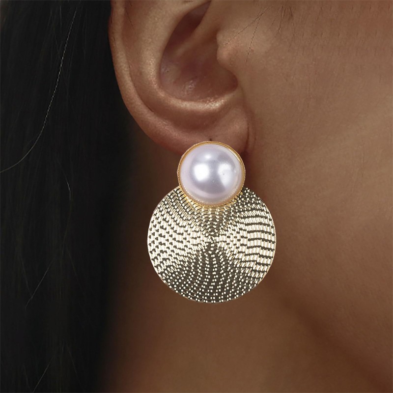 Inateannal Boho Texture Disc Dangle Earrings Large Round Pearl Stud