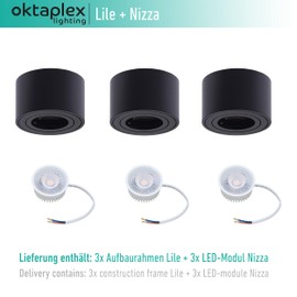 Oktaplex Lile Surface-Mounted Spotlights Black with LED Module 4.8 W 230 V 2700 K Warm White 80 x 50 mm Surface-Mounted Surface-Mounted Aluminium Swivelling Pack of 3