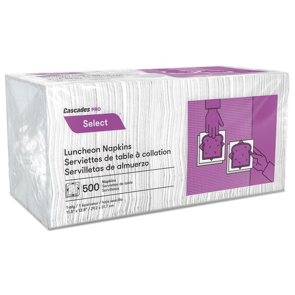 Cascades PRO N020 Select Luncheon Napkins, 1 Ply, 11 1/4 x 12 1/2, White, 500/Pack, 6000/Carton