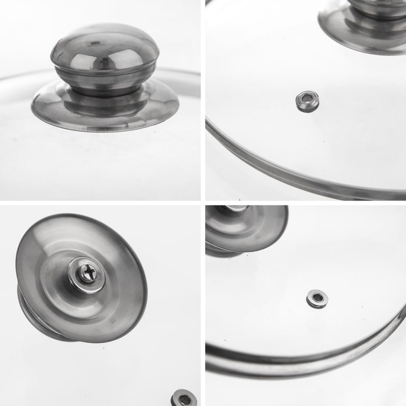 Glass lid with stainless steel ring.