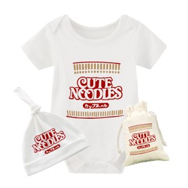 YSCULBUTOL Baby Twins Bodysuit Funny Ramen Outfit Noodle Funny Romper Baby Costume Jumpsuit Hat Bags（White noodle 9M）