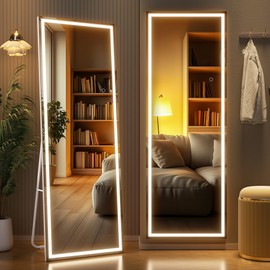 WINNICE Full Length Mirror with Lights, 56" x 18" LED Lighted Floor Standing Body Mirror, Dimmable & 3 Color Lighting for Bedroom, Cloakroom, Dressing Room, Tempered Glass, Square White
