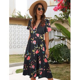 ROYLAMP Women's Floral Button Up Split Deep V Neck Short Sleeve Casual Flowy Midi Dress with Pockets Black Floral L