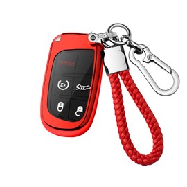 Autophone Compatible With Jeep Key Fob Cover With Leather Keychain Soft TPU Protection Key Case for Dodge Charger Challenger Dart Journey Durango Grand Caravan RAM Fiat Smart Key,Red