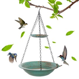 Qipade 2 Layer Hanging Bird Bath for Outside, 13 Inch Metal Hanging Bird Baths for Outdoors 2 in 1 Bird Feeder for Backyard, Yard, Patio, Garden Decor