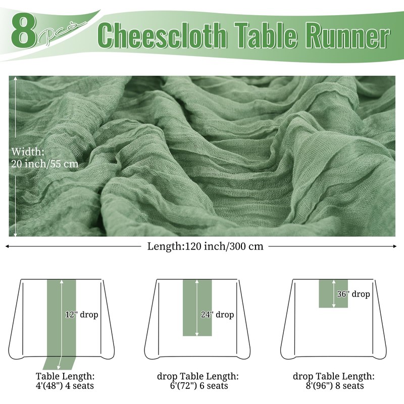 8 Pack 10Ft Cheesecloth Table Runner Sage Green, 20 x