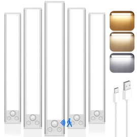 VerRon 14in Under Cabinet Lighting, 3200mAh Rechargeable Battery Powered Closet Lights with 3 Color Tempers 108 LED, Wireless Motion Sensor Light Indoor, Dimmable Lights for Kitchen, Stair, 5-Pack