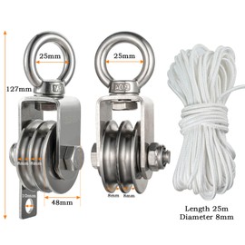 Hoist Pulley System Heavy Duty Stainless Steel, Snatch Swivel Block Double Pulley with 25m/8mm Rope, Bearing Inside, for Lifting, Kayak, Garage, Winch, Hunting, Loading 1100lb