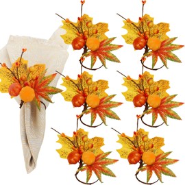 ZHUIGUANGZE 6 Pcs Thanksgiving Day Fall Themed Double Pumpkin Berry Elegant Napkin Rings Set, Maple Leaf Napkin Rings Buckle Holders for Harvest Autumn Dinner Gathering Party Table Center Decoration