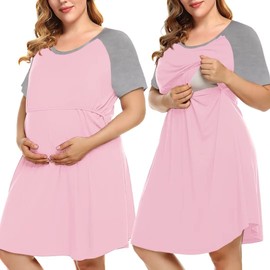 MONNURO Women's Plus Size Nursing Dress Short Sleeve Color Block Labor Delivery Maternity Nightgown Dress for Breastfeeding(Pink/HeatherGray,9X)