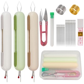 FWUNYVN 2 in 1 Needle Threader Seam Ripper, 9Pcs Sewing Seam Ripper Tool Kit with Case Contains 3Pcs Needle Threader Tool and Seam Ripper Tool, 2Pcs Thimble, Scissors, Needle, Measure Tape