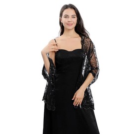 Makroyl Women's Sequin Shawls Wraps For Evening Dresses Female Sparkly Sheer Mesh Wedding Scarf Capes Shrugs For Bolero Evening Party (A-Black)