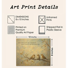 His Eye Is On The Sparrow Vintage Painting Bird Print, Two Sparrows and Bible Verse I Know He Watches Me, Christian Prints, Scripture, Bible Verse, Matthew 10:29-31 Print (8 x 10 inch Print)