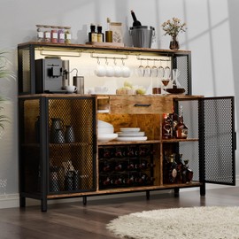Gyfimoie Wine Cabinet with Drawer, LED 55 Inches Industry Coffee Bar Cabinet with Wine Rack and Glass Goblet Holder, Kitchen Sideboard Buffet Cabinet for Liquor and Goblet (Rustic)