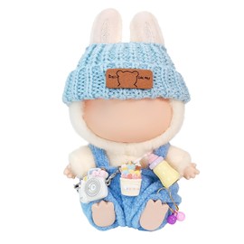 Novadex Doll Clothes for 17cm Dolls, Soft Knit Hat, Cozy Overalls, Camera, Bottle & Cute Accessories (No Doll) (Blue)