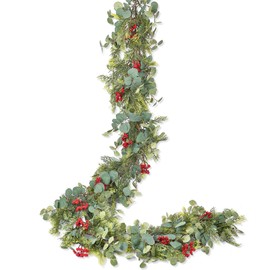 JoyHome 6ft Christmas Pine Garland Decoration, Artificail Red Berry Garland Christmas Cypress Garland Eucalyptus Leaves for Winter Holiday Fireplace Mantel Table Home Decor