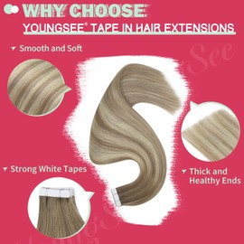 YoungSee Real Hair Extensions Tape Ombre 55 cm Real Hair Tape-in Extensions Brown Ombre Blonde with Brown Straight Tape Extensions Real Hair Ombre Skin Weft Hair Extensions Tape in Long 50 g 20 Pieces #8A/60/8A