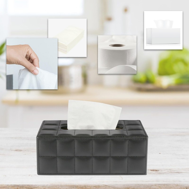 PU Leather Tissue Box Cover, Rectangle Black Tissue Box Holder