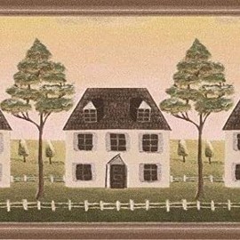CONCORD WALLCOVERINGS ™ Wallpaper Border Country Pattern Village Houses Trees for Cottage Kitchen Dining Room, Brown Beige Green, 15 ft by 5 in GB30312