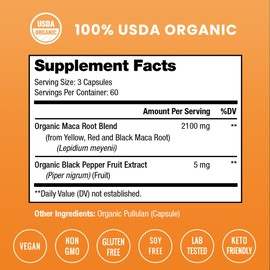 NutraChamps USDA Organic Maca Root Capsules for Women & Men, 2100mg, 180 Capsules, Black, Red & Yellow, Peruvian Maca Peruana, Extra Strength Pure Premium Gelatinized Root Powder Supplement