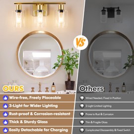 Battery Operated Wall Sconce, 3-Light Dimmable Rechargeable Wireless Vanity Light Fixture with Remote & Bulbs, Gold Indoor Non-Hardwired Decor Wall Lamp for Bedroom, Living Room, Hallway, Mirror