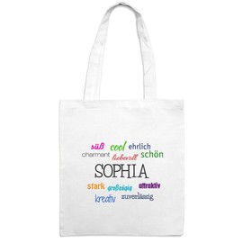 Jute Bag with Name Sophia - Positive Features Motif - Colour White - Fabric Bag, Jute Bag, Hipster Bag, White