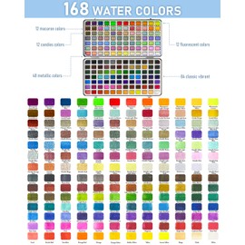 Nicpro 168 Colors Watercolor Paint Set include Metallic Macaron Candy Fluorescent, 8 Synthetic Squirrel Painting Brushes, 25 Water Color Paper, Palette, Art Supplies Kit for Artist Adult Beginner with Box
