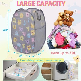 Collapsible Pop Up Hamper for Baby Clothes or Toys Storage, Mesh Hamper with Handles & Side Pocket, Multi-Use Laundry Hamper & Toy Basket, Portable for Home, Travel, Dorm (Gray-Vertical)