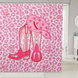 Manfei Western Cowgirl Shower Curtains Pink Cowboy Hat Boots Bathroom Curtains for Kid Girl Room Decor, Pink Leopard Print Waterproof Bath Curtains with 12 Hooks Suits for Bathtub, 72" W x 72" L