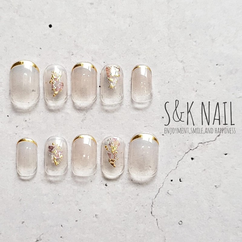 S&K NAIL Gel Nail Stickers, Gold French & Bijou, Short,