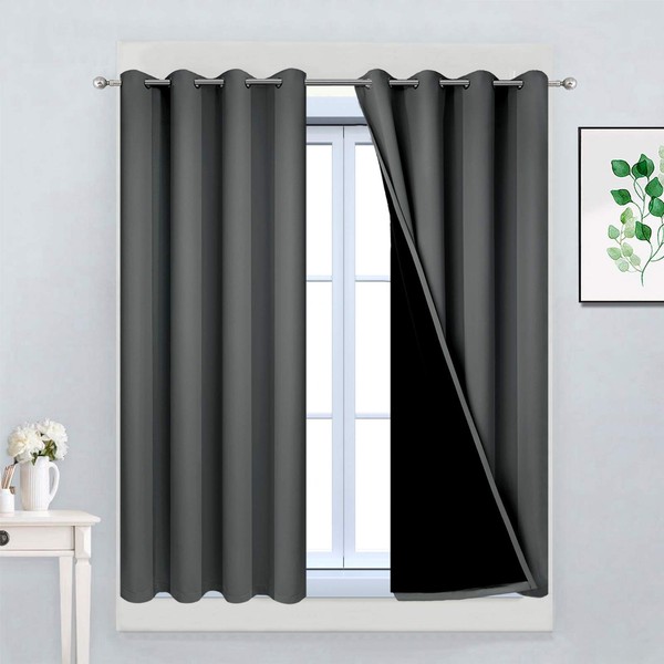 Yakamok Dark Gray 100% Blackout Curtains, Energy Saving Thermal Insulated 2 Thick Layers Total Blackout Drapes with Black Liner for Bedroom (52Wx45L,Dark Grey, 2 Panels)