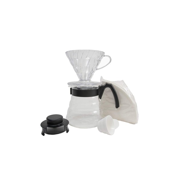 HARIO Craft Kit V60 Goutteur en plastique avec cuillère à café en verre, cuillère doseuse et filtres, borosilicate, noir, taille 2