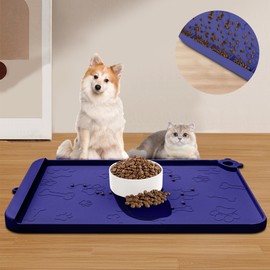 Silicone Pet Feeding Mats for Food & Water - Waterproof Bowl Mats with Residue Collection & Raised Edges, Hooks & Placemats for Cats & Dogs