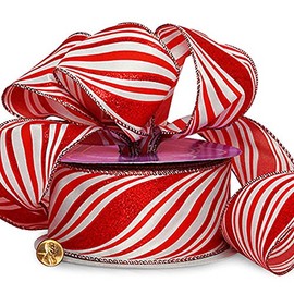 Red Striped Wired Christmas Ribbon - 2 1/2" x 25 Yards, Red White Candy Cane Swirls, Garland, Gifts, Wrapping, Wreaths, Bows, Valentine's Day
