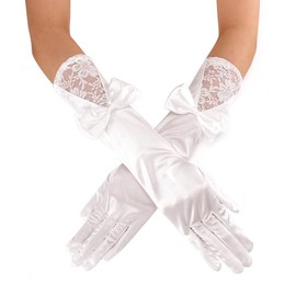 Latious Bow Opera Satin Gloves - Ivory Lace Bride Wedding Elbow Length 1920s Prom Gloves for Women