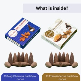 Backflow Incense Cones - Combo Pack of 20 Incense Cones Waterfall - 10 Frankincense + 10 Nag Champa - Incense Backflow Cones - Waterfall Incense Cones - Incense Waterfall Cones
