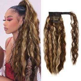 YEAME Corn Wave Ponytail Extension Clip in - 22 Inch Long Wavy Curly Wrap Around Pony Tail Heat Resistant Synthetic Hairpiece for Women (Brown Mixed Blonde #8H27)