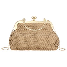 Women Mini Straw Woven Clutch Handbag Metal Top-handle Bag Cross-body Bag with Chain Strap Kiss Lock