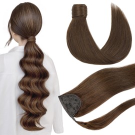 Youngsmile Double Weft Ponytail Hair Extensions 20 Inch 80g, Color 4 Chocolate Brown, Soft Silk Straight,Ponytail Human Hair Extensions Hairpieces For Women (PT#4-20Inch)