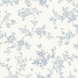 VEELIKE Cottage Blue Toile Wallpaper Peel and Stick Vintage Chinoiserie Birds Floral Wallpaper for Bedroom Bathroom 17.7''x354'' Self Adhesive Floral Wall Paper Contact Paper for Cabinets Shelves